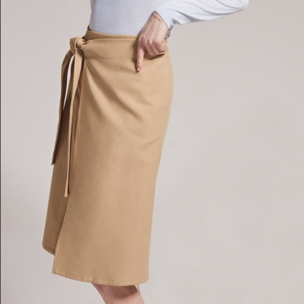 Cuyana wool blend wrap midi skirt camel tan beige